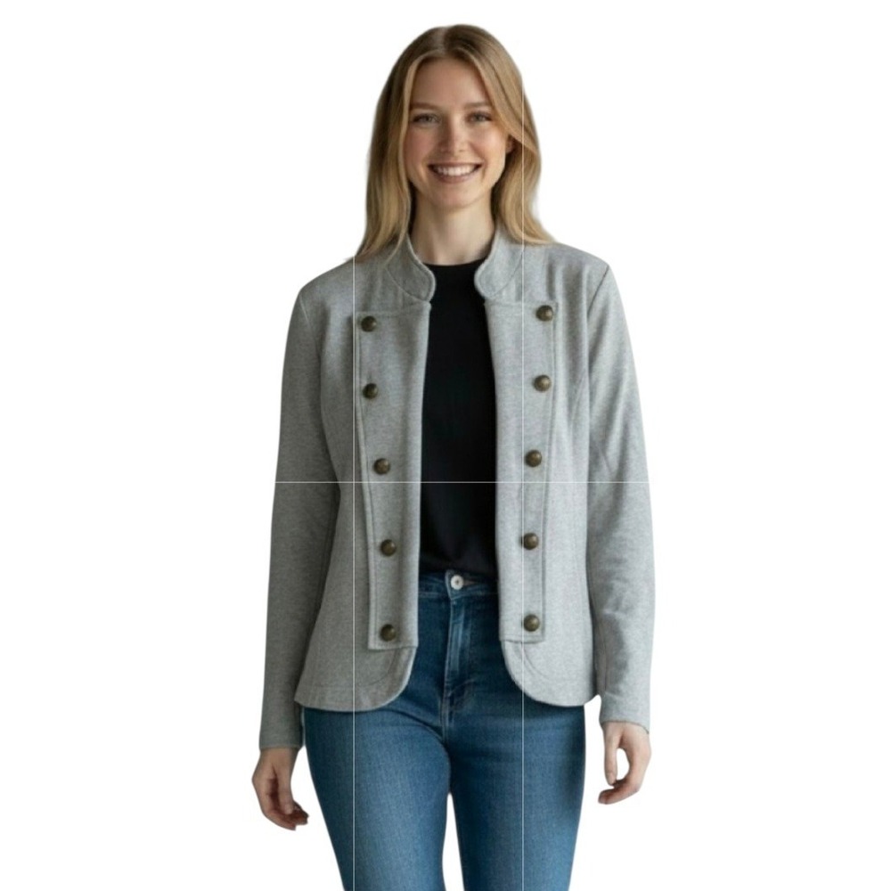 Tommy Hilfiger Military-Style Jacket W Brass-Tone Logo Metallic Buttons M Gray